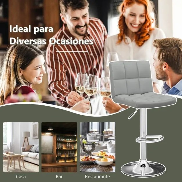 Conjunto de 2 bancos bar em pele sintética com assento giratório de altura regulável 360°, apoio para os pés e base metálica cinzentos