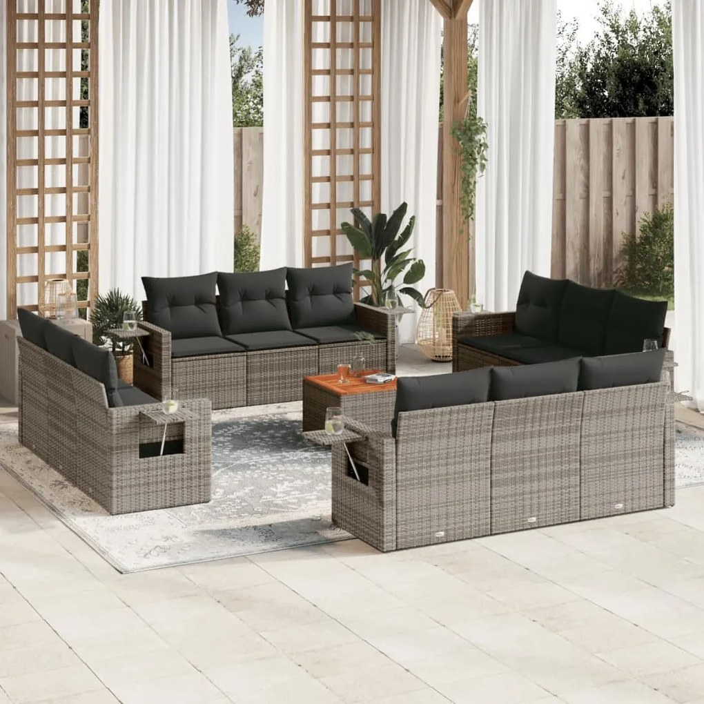 vidaXL 13 pcs conjunto sofás p/ jardim c/ almofadões vime PE cinzento