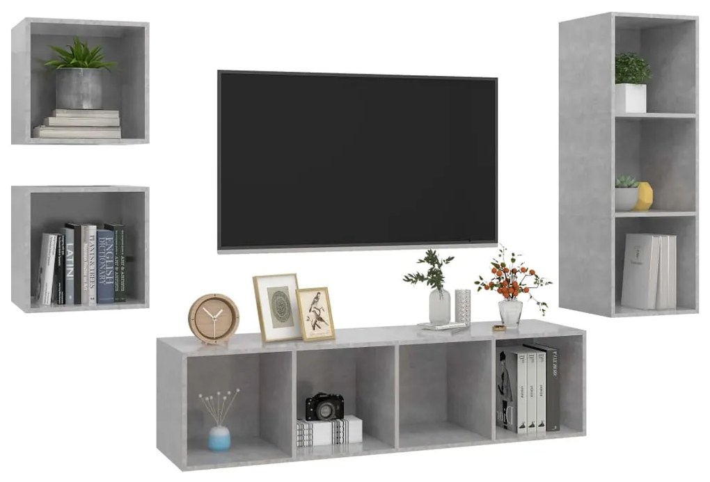 4 pcs conjunto de móveis de TV contraplacado cinzento cimento
