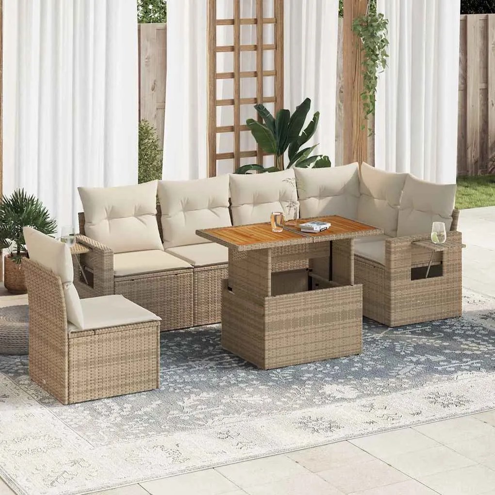7 pcs conjunto de sofás p/ jardim com almofadões vime PE bege