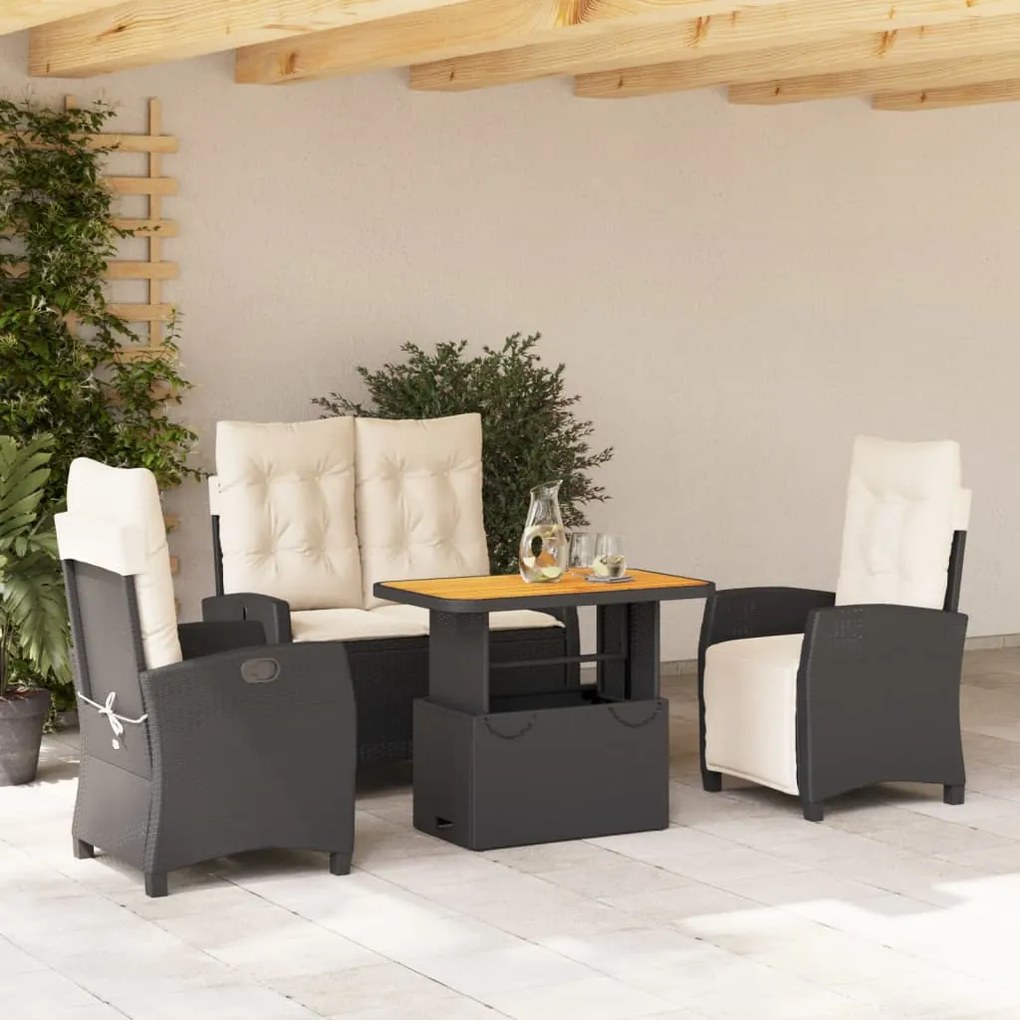 vidaXL 4 pcs conjunto de jardim p/ jardim c/ almofadões vime PE preto