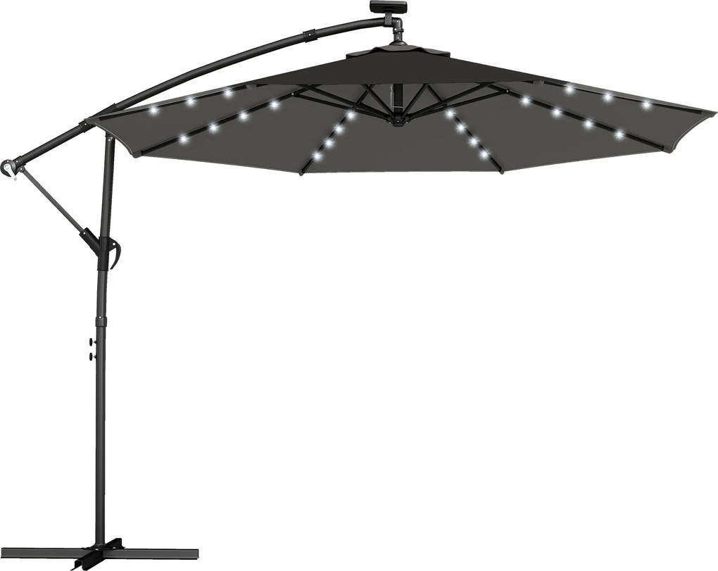 Outsunny Ombrelone lateral LED Solar aprox. Ø300 cm Giratório Guarda-sol com manivela Suporte Capa protetora Cinza escuro | Aosom Portugal