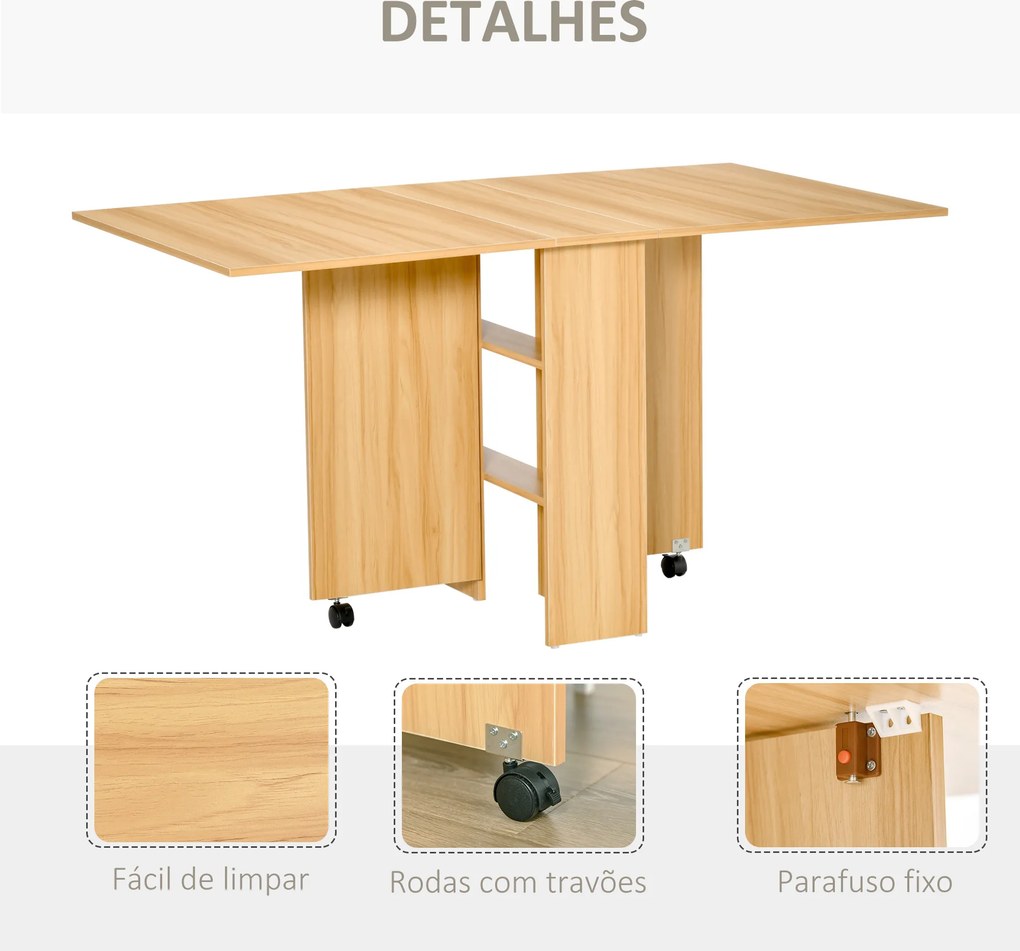 Mesa de Sala de Jantar Dobrável (CADEIRAS NÃO INCLUIDAS) com Rodas Mesa Multifuncional para Sala de Jantar com 3 Formas 140x80x74cm Madeira