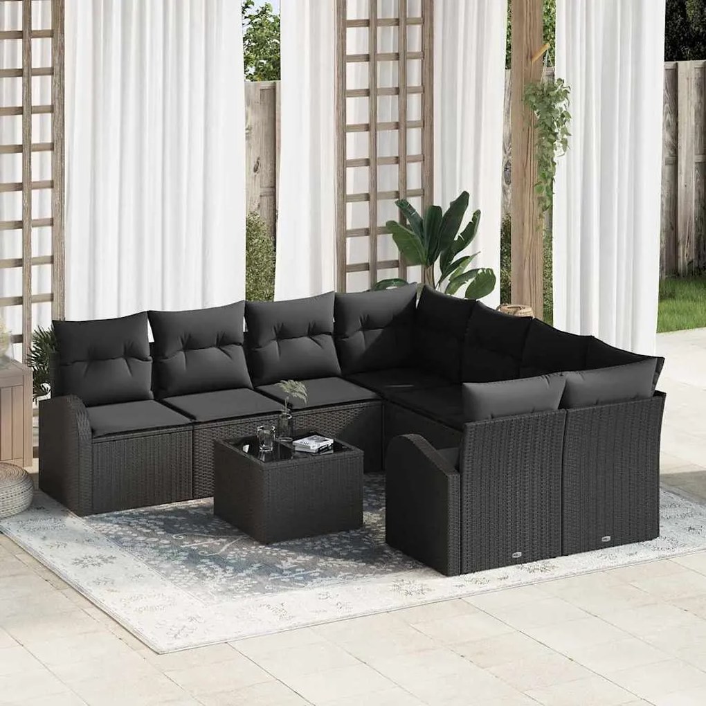 vidaXL Conjunto de Sofás com almofada 9 pcs Preto vime PE