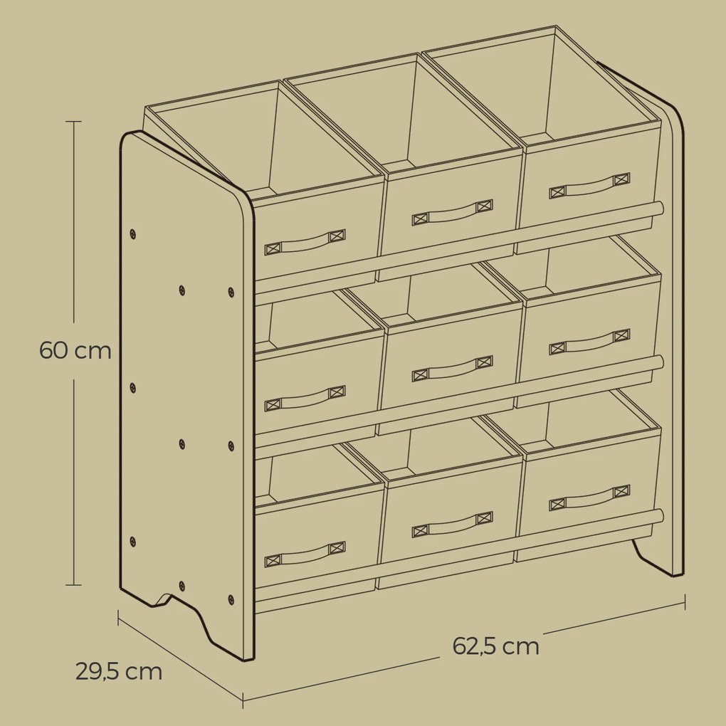 Estante infantil com 9 caixas de armazenamento em tecido não tecido 29,5 x 62,5 x 60 cm branco com desenhos espaciais