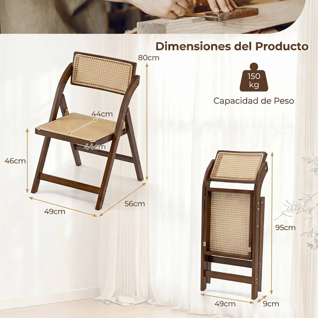 Conjunto de 2 Cadeiras de Jantar Dobráveis (MESA NÃO INCLUIDA), 56 x 49 x 80 cm, Encostos Rotativos de 360°, cor Nogueira