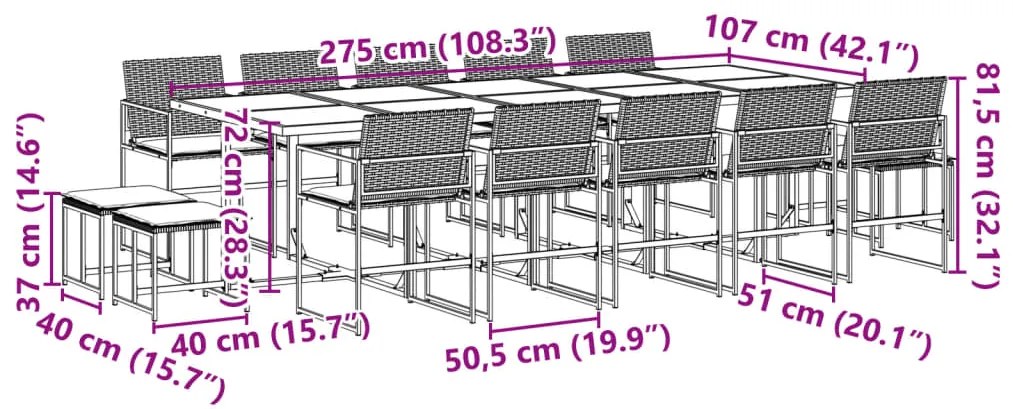 15 pcs conjunto de jantar p/jardim com almofadões vime PE preto