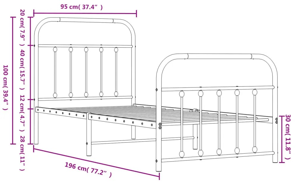 Estrutura de cama com cabeceira e pés 90x190 cm metal preto