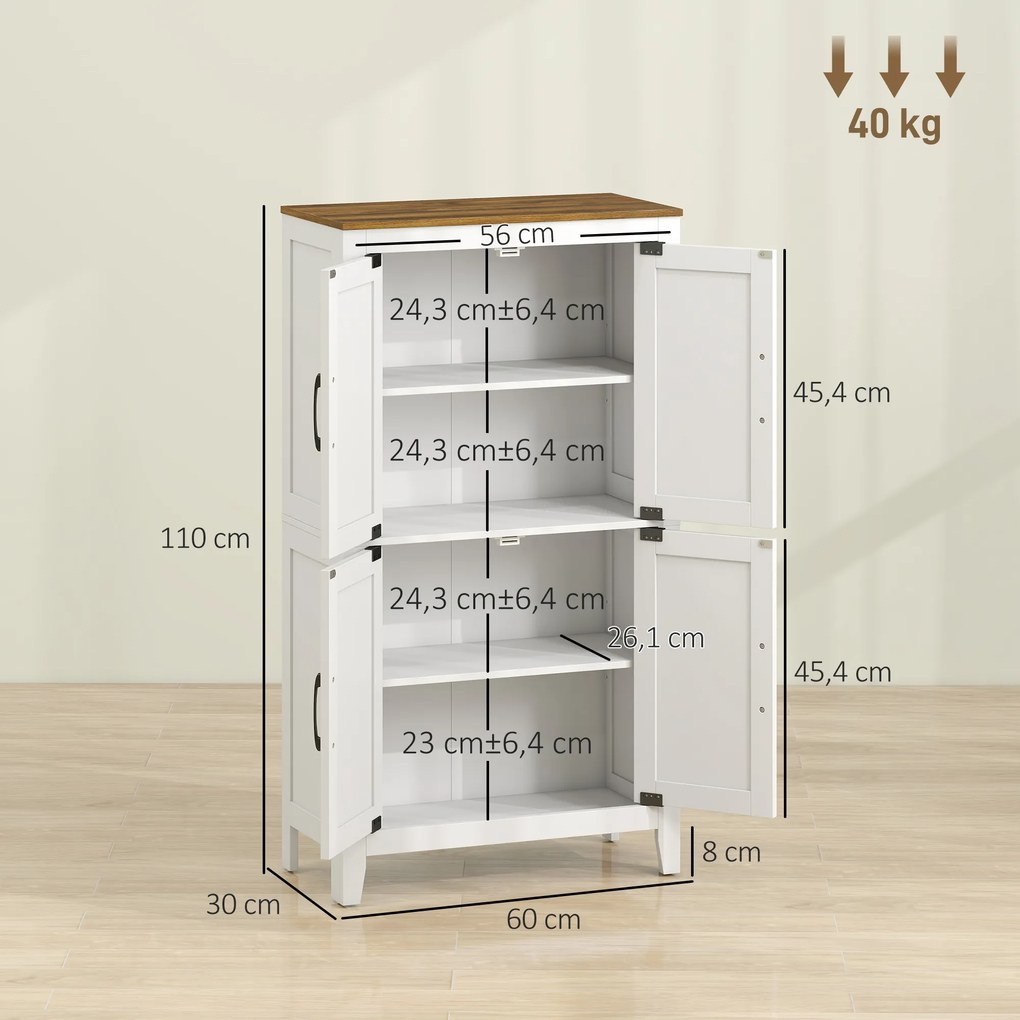 Armário Estreito para Casa de Banho com Portas Estilo Celeiro, 4 Prateleiras Ajustáveis, 60x30x110 cm, Branco