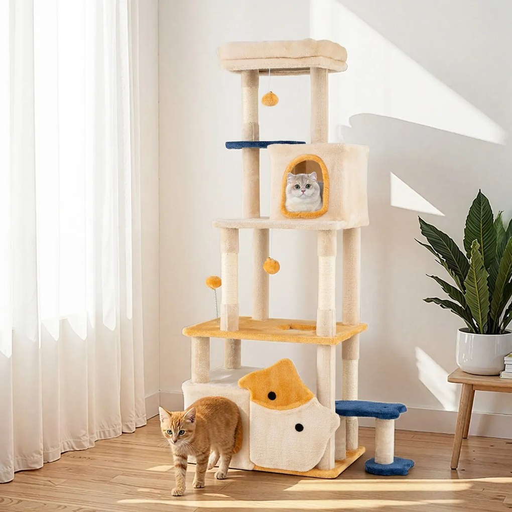 Arranhador para Gatos 85 x 42 cm x 159 cm com 2 Casas Percha de Pelúcia Removível Postes de Sisal para Arranhar Amarelo