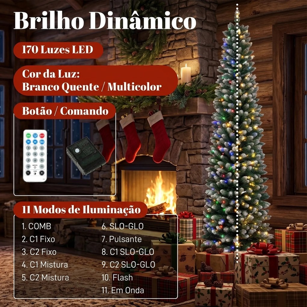 Árvore de Natal Estreita Pré-iluminada 180 cm, LEDs de Dupla Cor, Efeito Nevado, Comando, 11 Modos, 351 Pontas, 170 LEDs, Verde/Branco