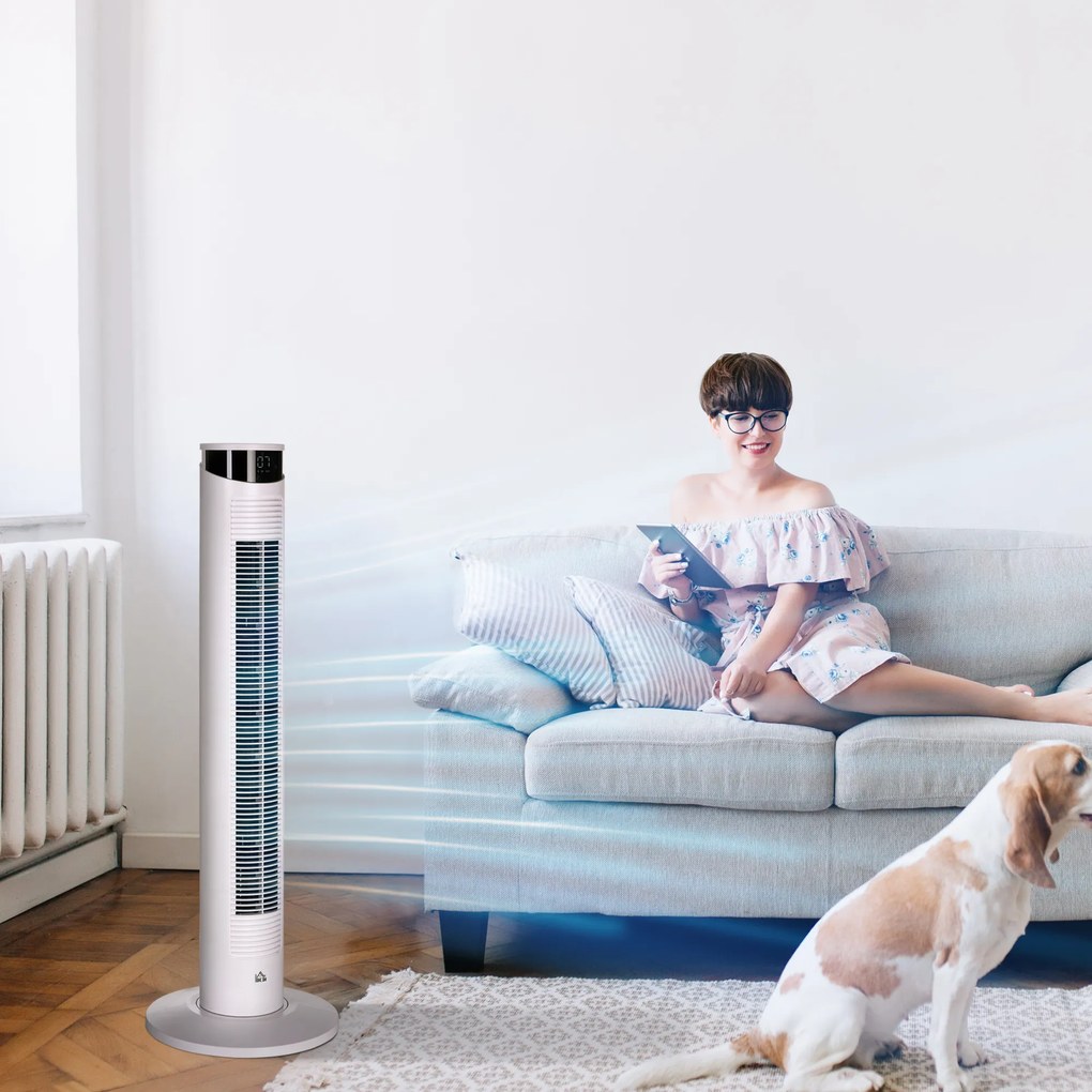 HOMCOM Ventoinha de Coluna Oscilante 45 W com Controlo Remoto Temporizador de 12h 3 Velocidades 3 Modos Ecrã LED e Alça de Transporte para Dormitório Ø31,5x93 cm Branco