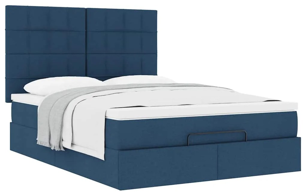 Estrutura de cama otomana com colchão tecido azul 140x200cm