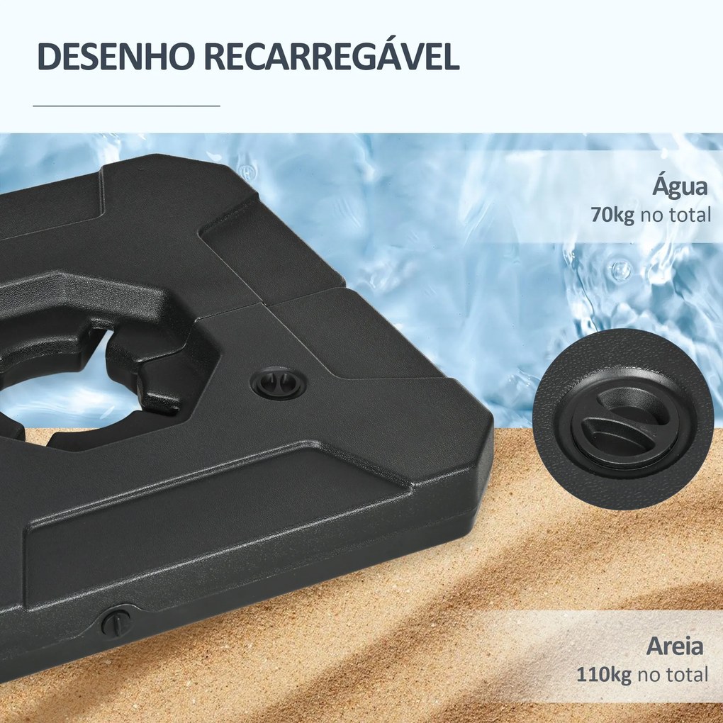 2 Pesos para Base de Chapéu de Sol Recarregáveis de Areia 110 kg ou Água 70 kg para Base Cruzada de Chapéu de Sol Cantilever para Jardim Varanda Exter