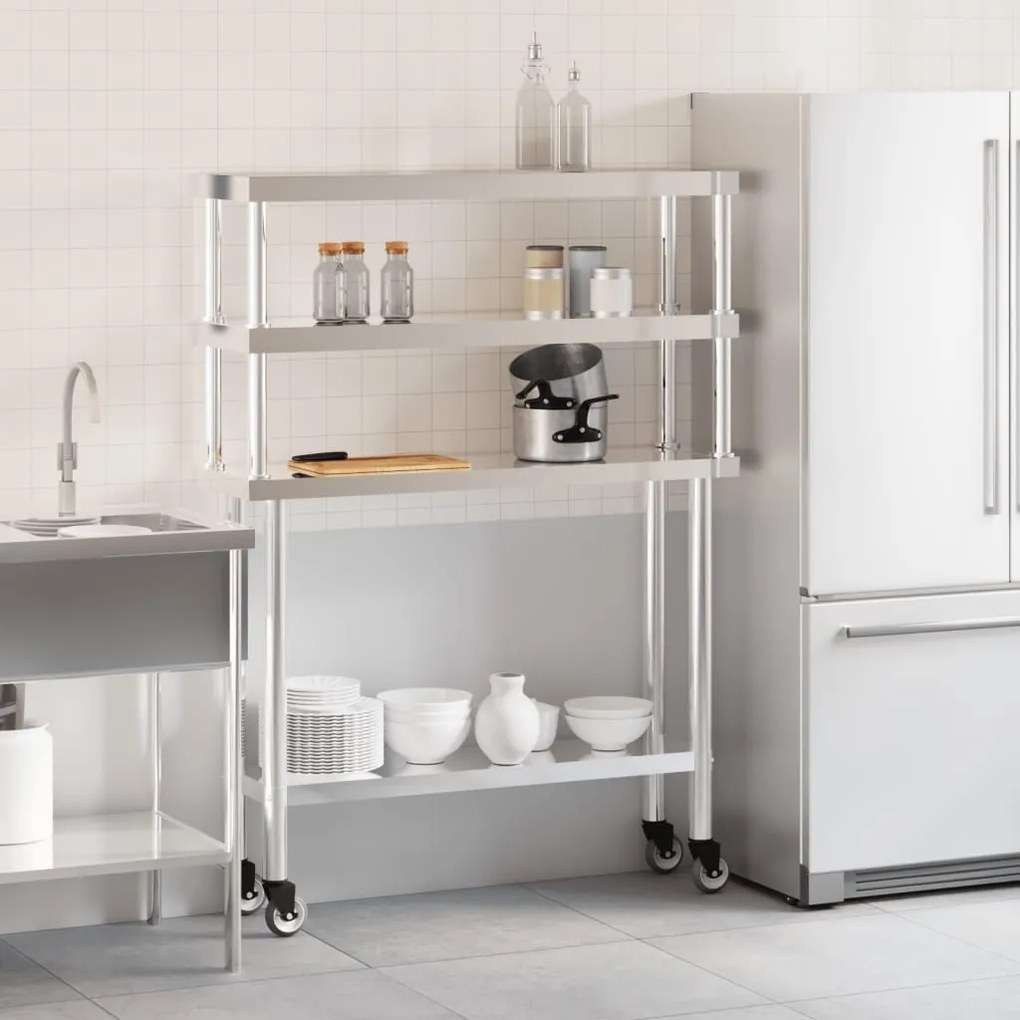 Mesa trabalho cozinha c/ prateleira 110x30x150cm aço inoxidável