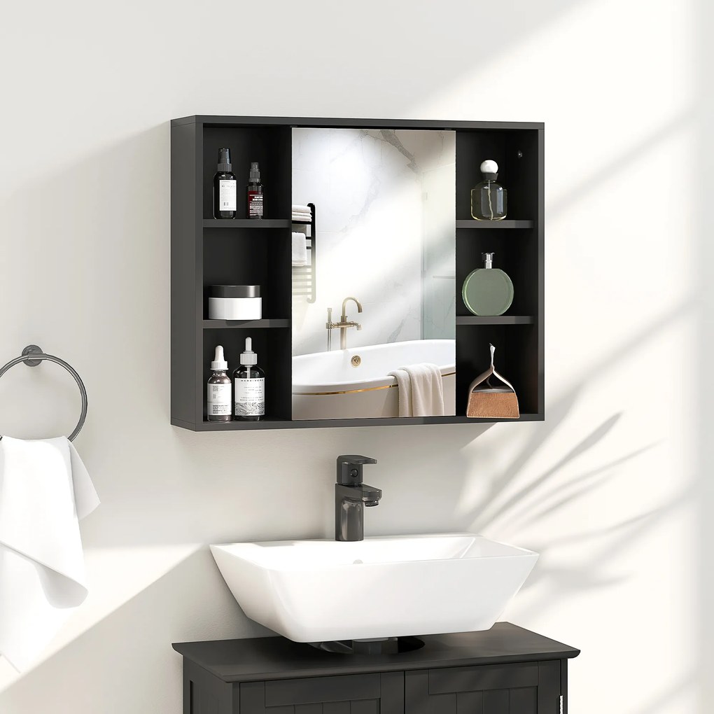 Móvel de casa de banho parede com espelho 60 x 14,5 x 49,4 cm, armário com portas e 6 compartimentos abertos, preto