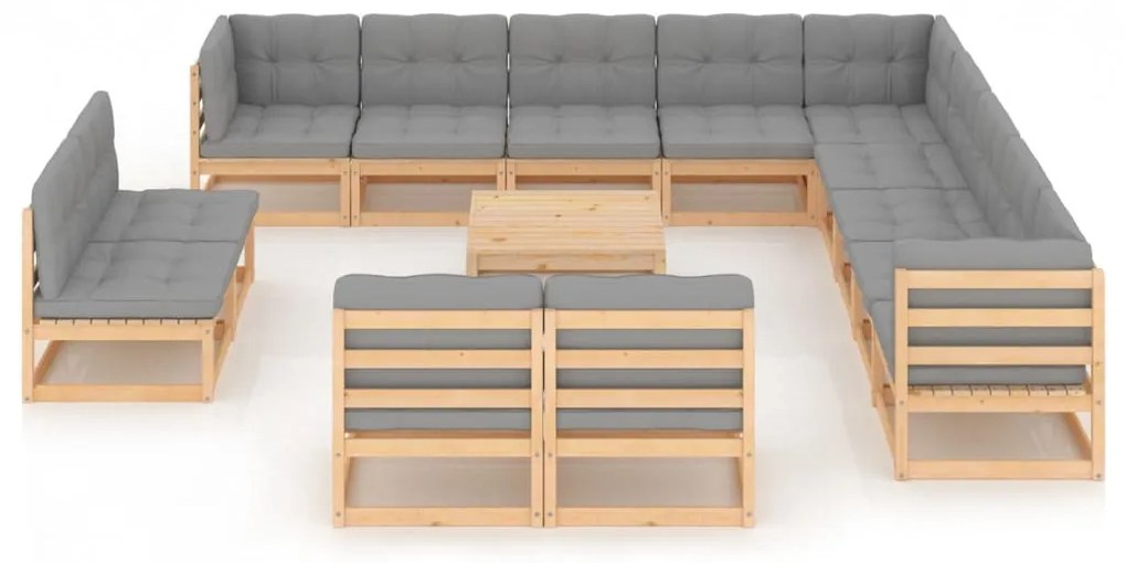 14 pcs conjunto lounge de jardim com almofadões pinho maciço