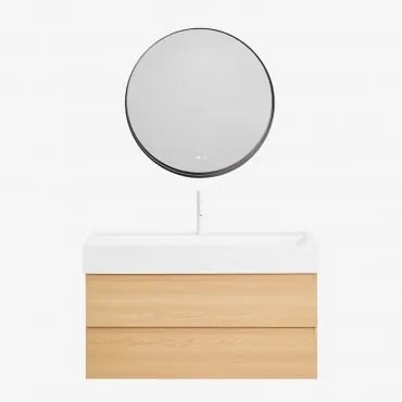 Conjunto De Móvel De Casa De Banho Em Madeira E Chapa De Freixo Com Lavatório Integrado Ona Madeira Natural & Redondo Led - Sklum