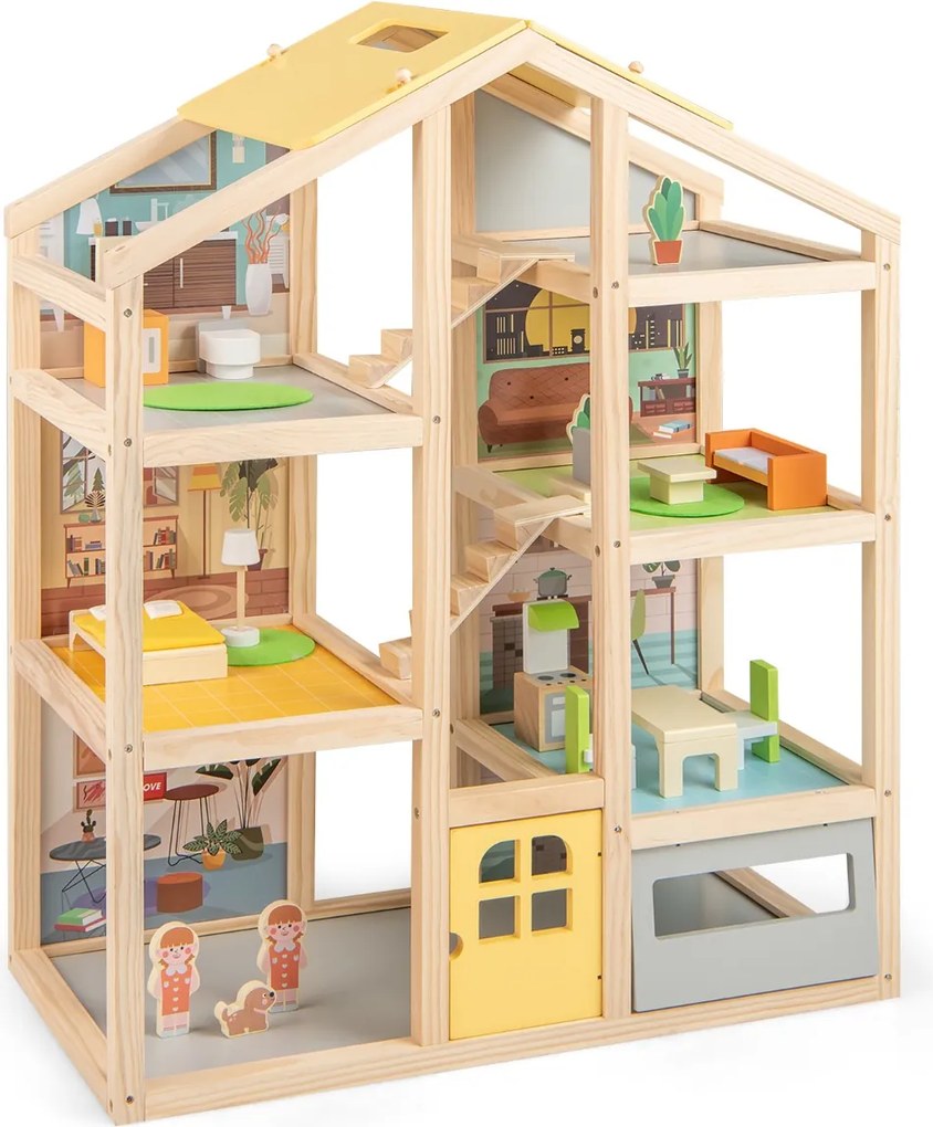 Casa de bonecas de madeira 60 x 30 x 75 cm com 7 quartos, 18 peças de mobiliário, 3 bonecos e 1 cão de estimação para maiores de 3 anos natural