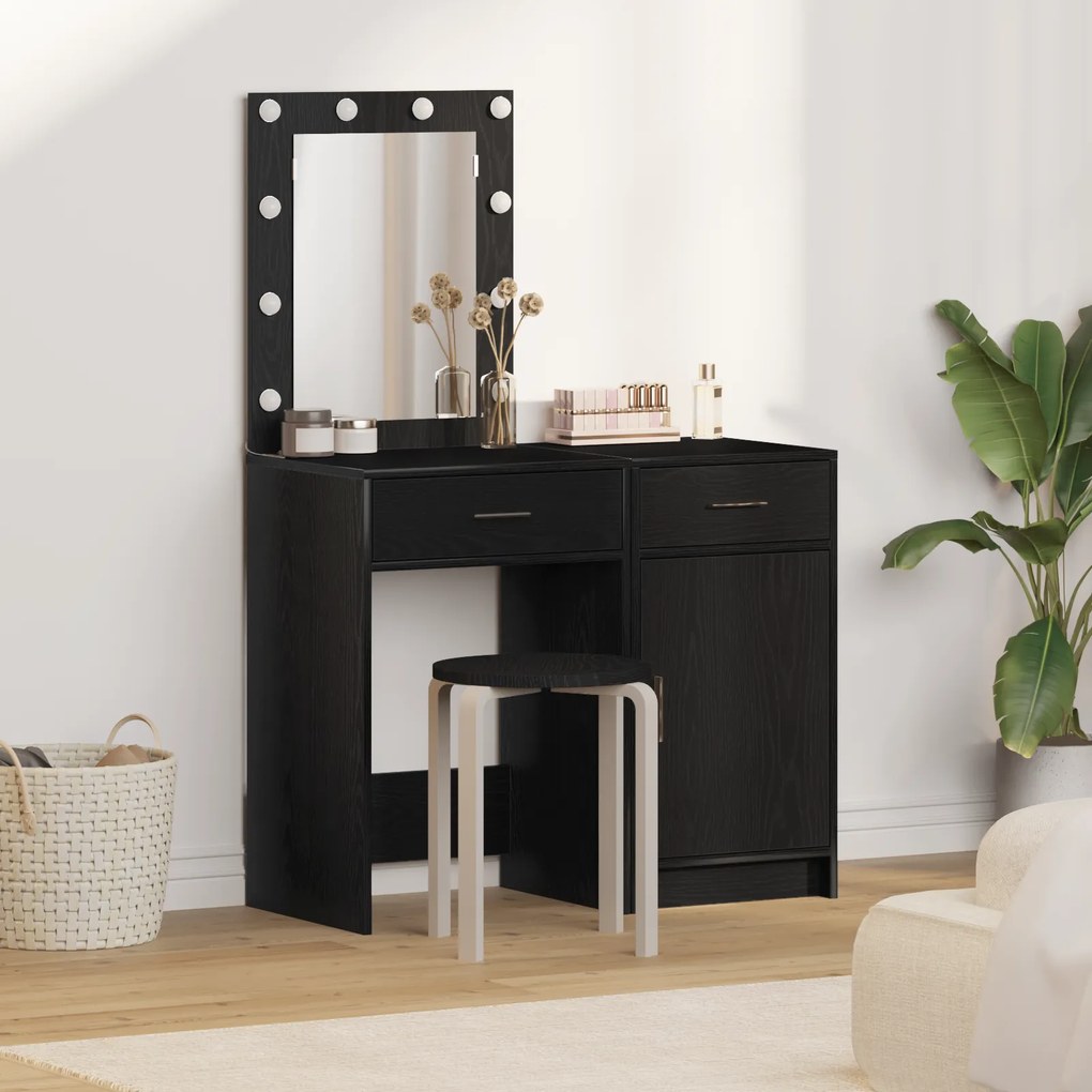 vidaXL Conjunto de Mesa de Toucador 2 Peças com LED de Carvalho Preto Engenharia