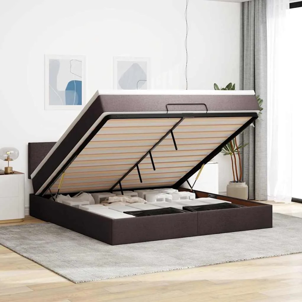 Estrutura de cama otomana com colchão tecido castanho escuro