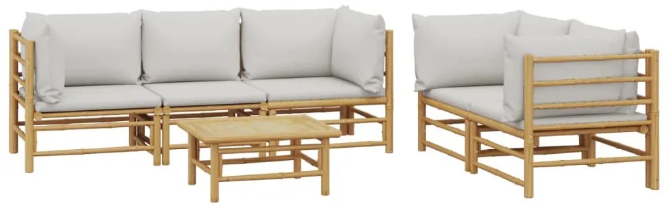 6 pcs conj. lounge de jardim bambu c/ almofadões cinzento-claro