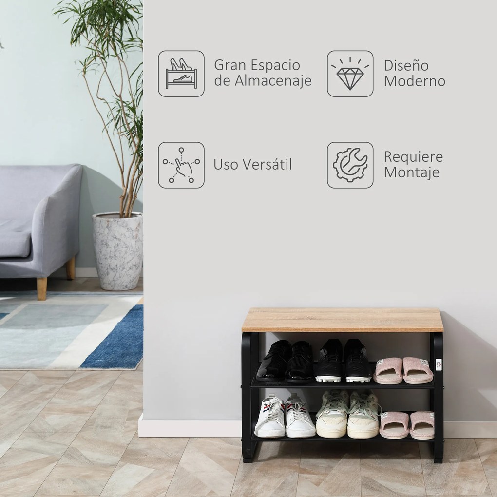 HOMCOM Sapateira Multiúso para 6-9 Pares de Sapatos Móvel com Estrutura Metálica para Entrada Corredor 66x30x47,5cm Carvalho e Preto