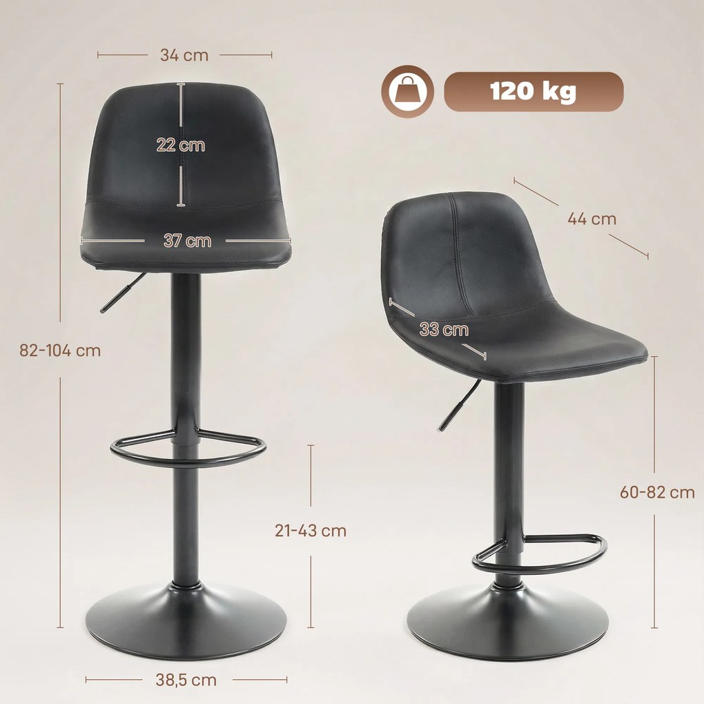 Conjunto de 2 bancos de bar, com altura ajustável, encosto e apoio para os pés, giratórios a 360°, pés em aço, pretos