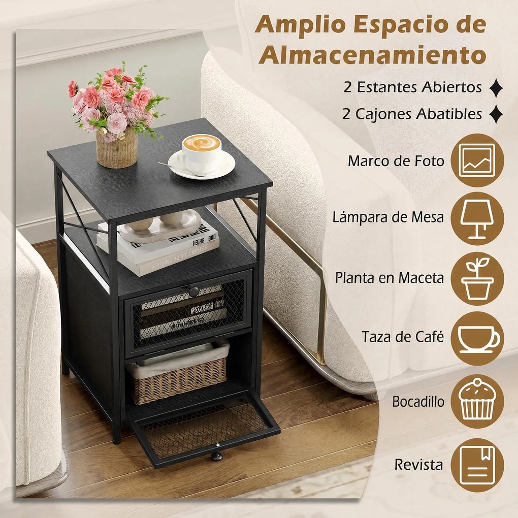 Mesa de Cabeceira, 40 x 35 x 61 cm, Arrumação Ampla, Preto
