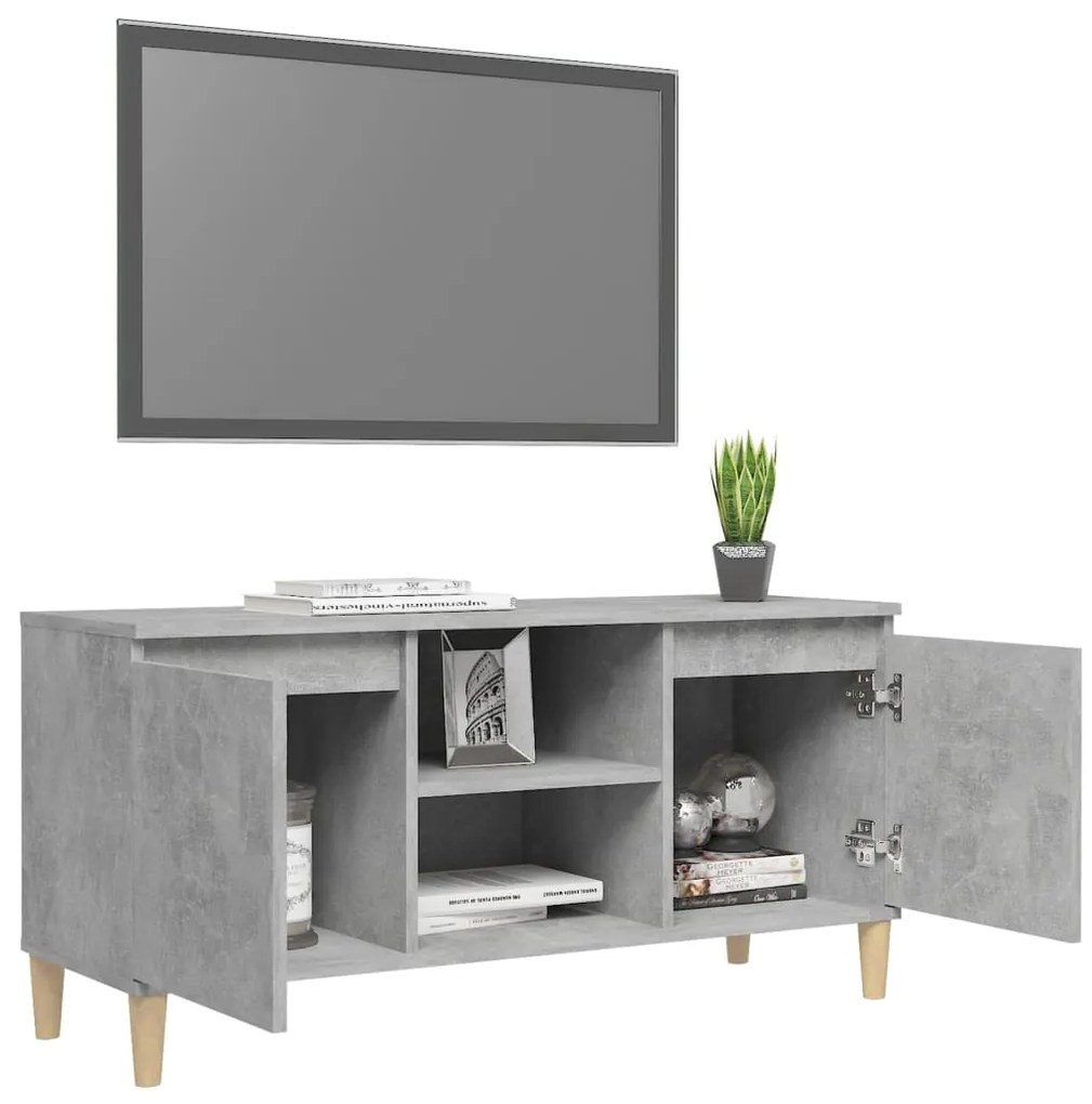 Móvel de TV c/ pernas de madeira 103,5x35x50cm cinzento cimento