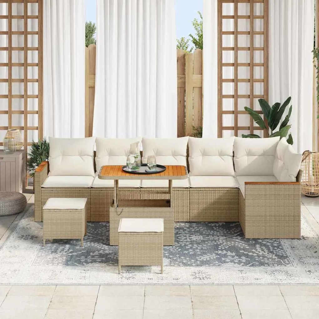 Conjunto de Sofás de Jardim 9 Peças com Almofadas Bege Rattan PE Acáci