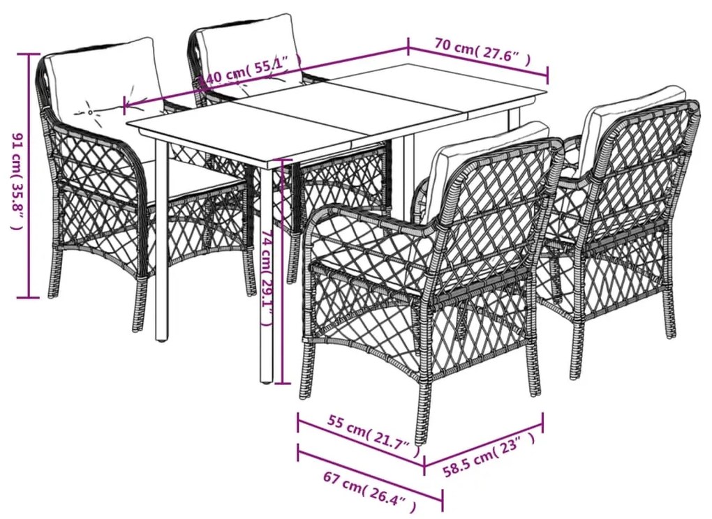 5 pcs conjunto de jantar p/ jardim com almofadões vime PE bege