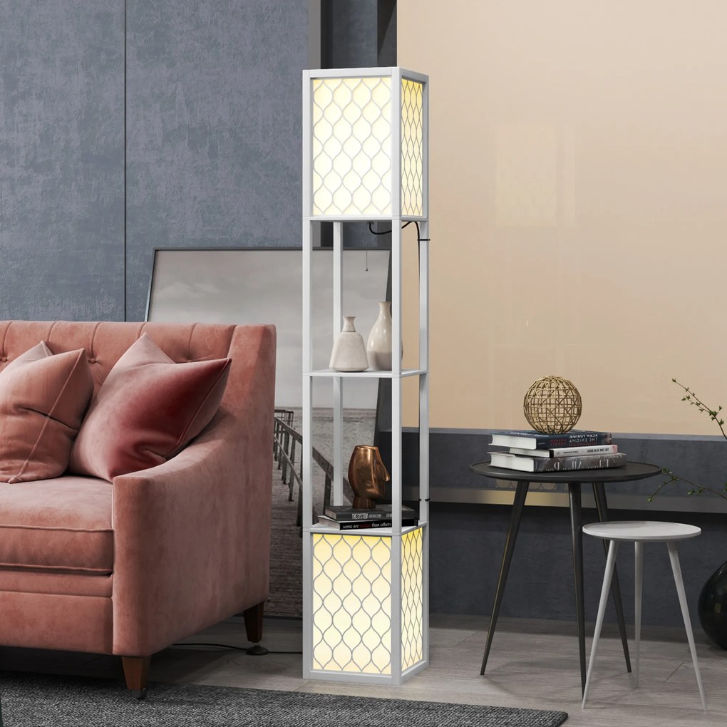 Candeeiro de Pé de Madeira com Estantes Lâmpada E27 Máx. 40W com Interruptor 26x26x156 cm Branco