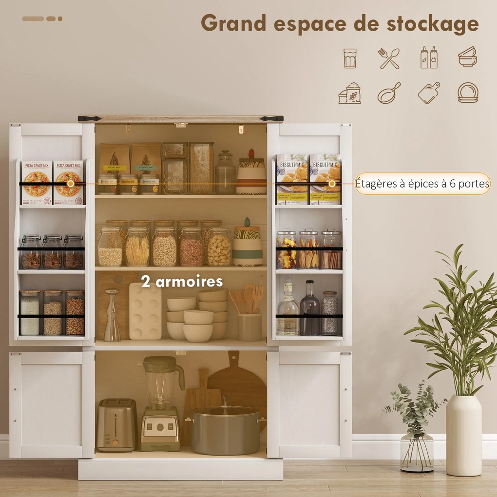 Armário de cozinha com 4 portas 76,3 x 40 x 136 cm, 6 suportes para especiarias e prateleiras ajustáveis, branco