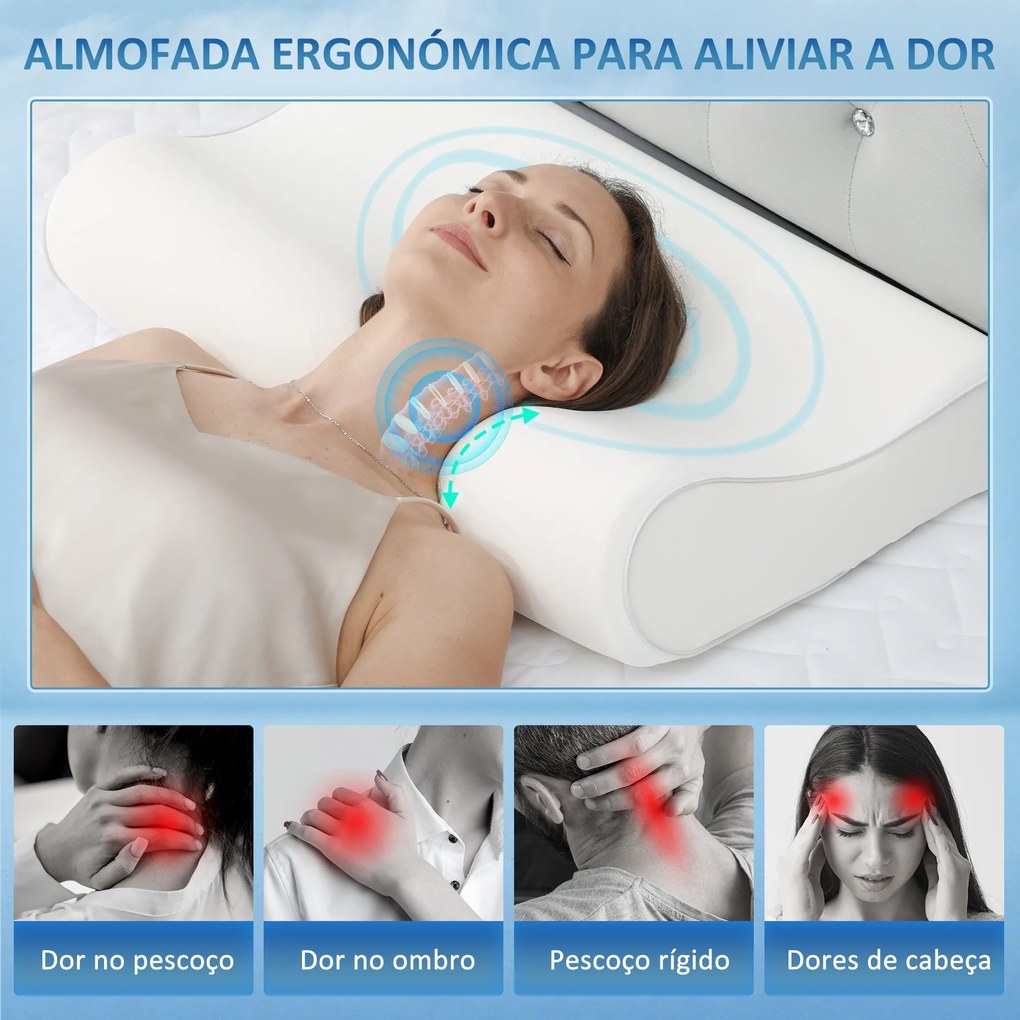 Almofada de Espuma Viscoelástica com Desenho Ergonómico Dupla Altura Capa Removível e Lavável 68,58x35,56x8,9/10,8 cm Creme