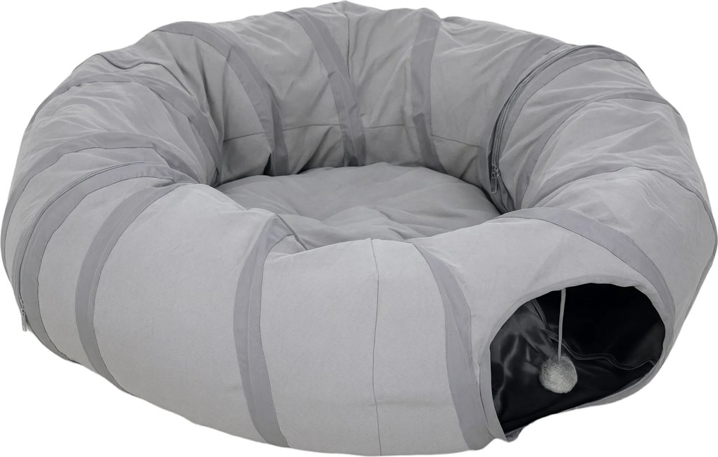 PawHut Túnel para gato interior redondo com cama e almofada, dobrável, com aberturas para bolas e visor, Ø 90 x 27 cm cinza | Aosom Portugal