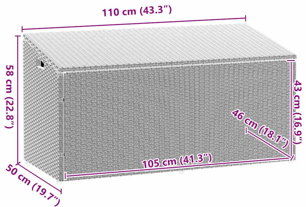 Caixa de arrumação p/ jardim 110x50x58 cm vime PE cinza-claro