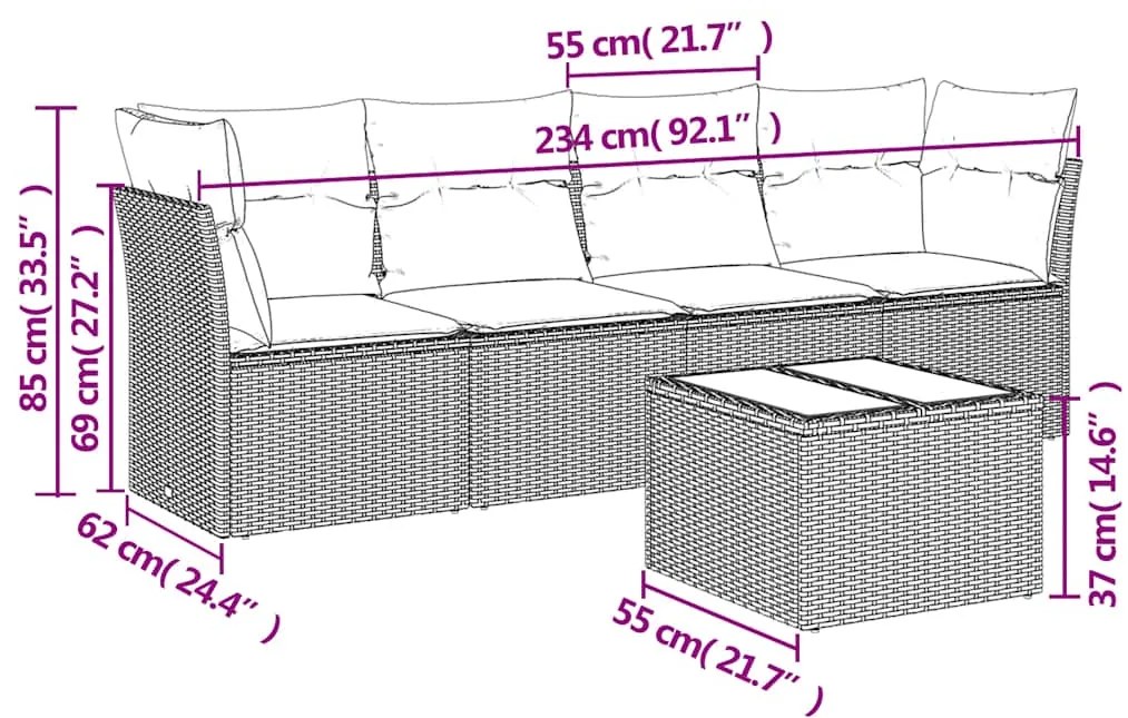5 pcs conj. sofás jardim c/ almofadões vime PE cinzento-claro