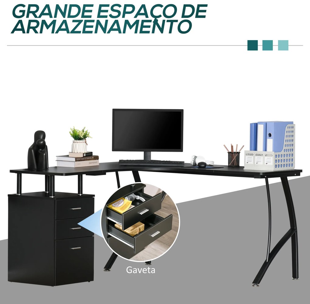 Secretária de Canto para Computador Mesa em Formato de L com 3 Gavetas Mesa Moderna para Escritório 143,5x143,5x76cm Preto