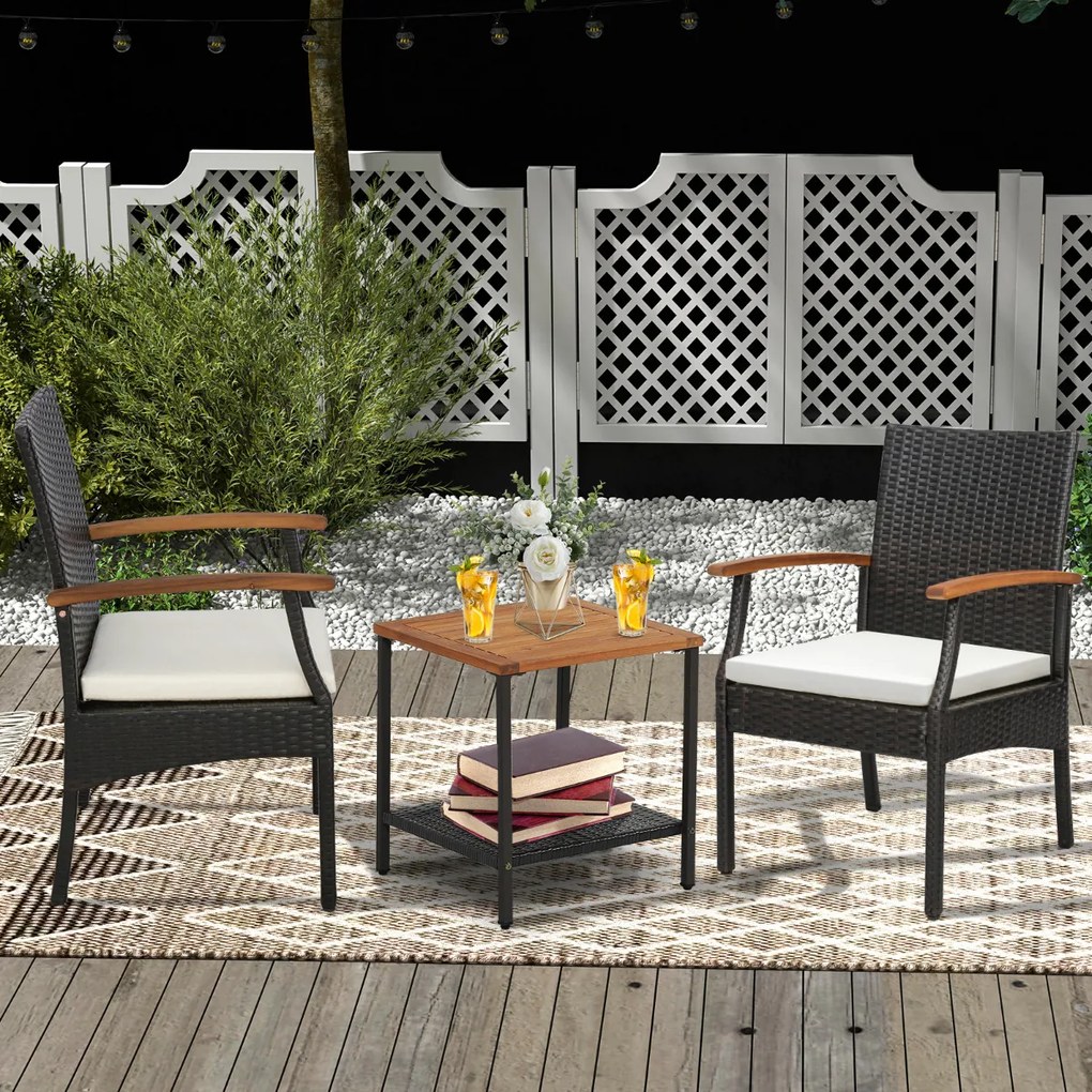 Conjunto de 2 cadeiras de jardim de vime com braços Almofada para exterior de rattan Estrutura metálica Poltronas Pátio Varanda Terraço Castanho misto