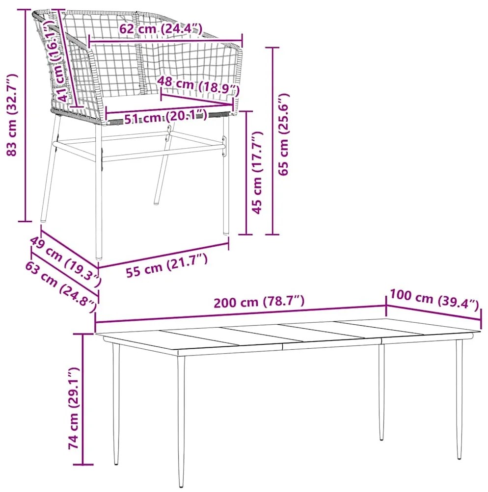 Conjunto de jantar jardim 9 peças almofadas vidro vime PE preto