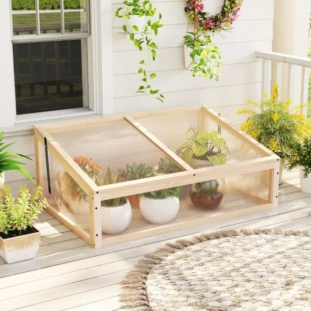 Estufa portátil, teto transparente rebatível 94 x 63 x 40 cm, proteção para vasos elevados, pequena, interior, exterior, jardim, terraço, madeira