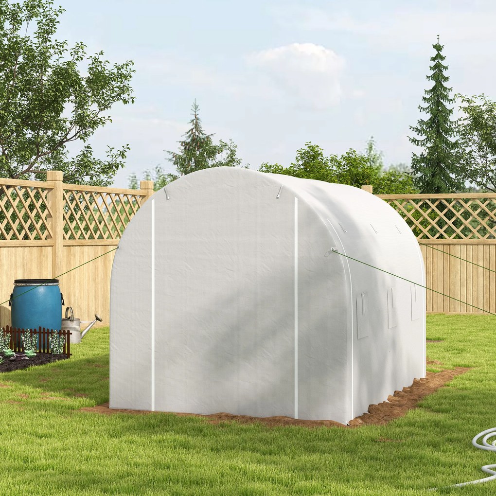 Estufa de jardim com 6 m², dimensões 3 x 2 m, com 1 porta + 2 paredes laterais enroláveis com fecho de correr, 6 janelas, Branco