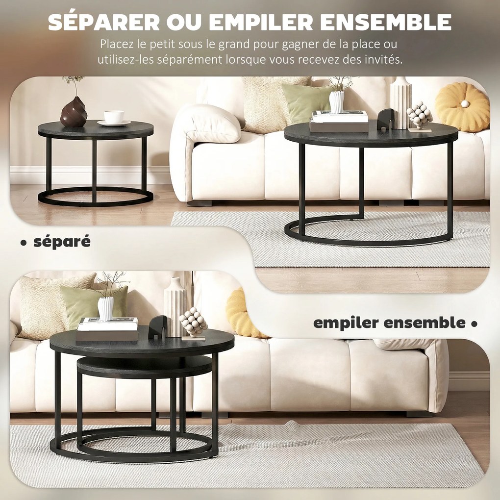 Conjunto de 2 mesas baixas encaixáveis e empilháveis, de design industrial, com pés em metal preto