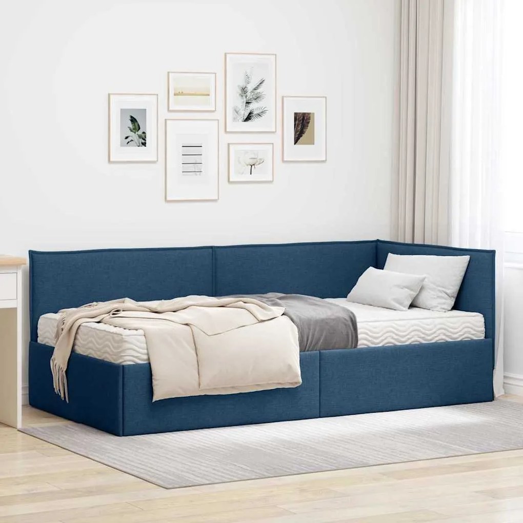 vidaXL Estrutura de Cama de Canto com Colchão Manual 2 pcs Azul Veludo