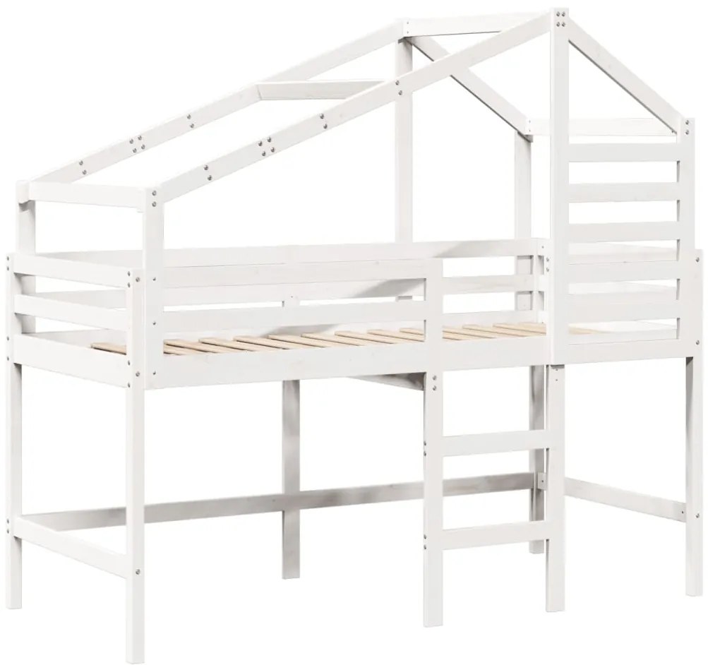 Cama alta c/ escada e telhado 90x200 cm pinho maciço branco