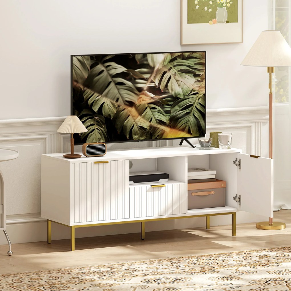 Móvel para televisão 120 x 39 x 54 cm, para televisão de 50 polegadas com 2 portas com fecho suave, gaveta e compartimento aberto, branco