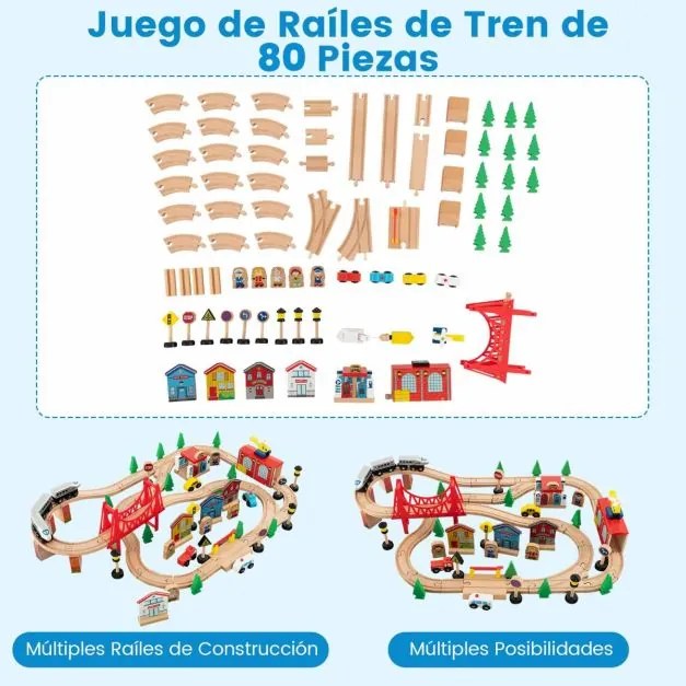 Conjunto de comboio infantil de madeira maciça com 80 peças, trilhos de comboio para meninos e meninas com mais de 3 anos 82,5 x 60 x 40 cm Multicolor