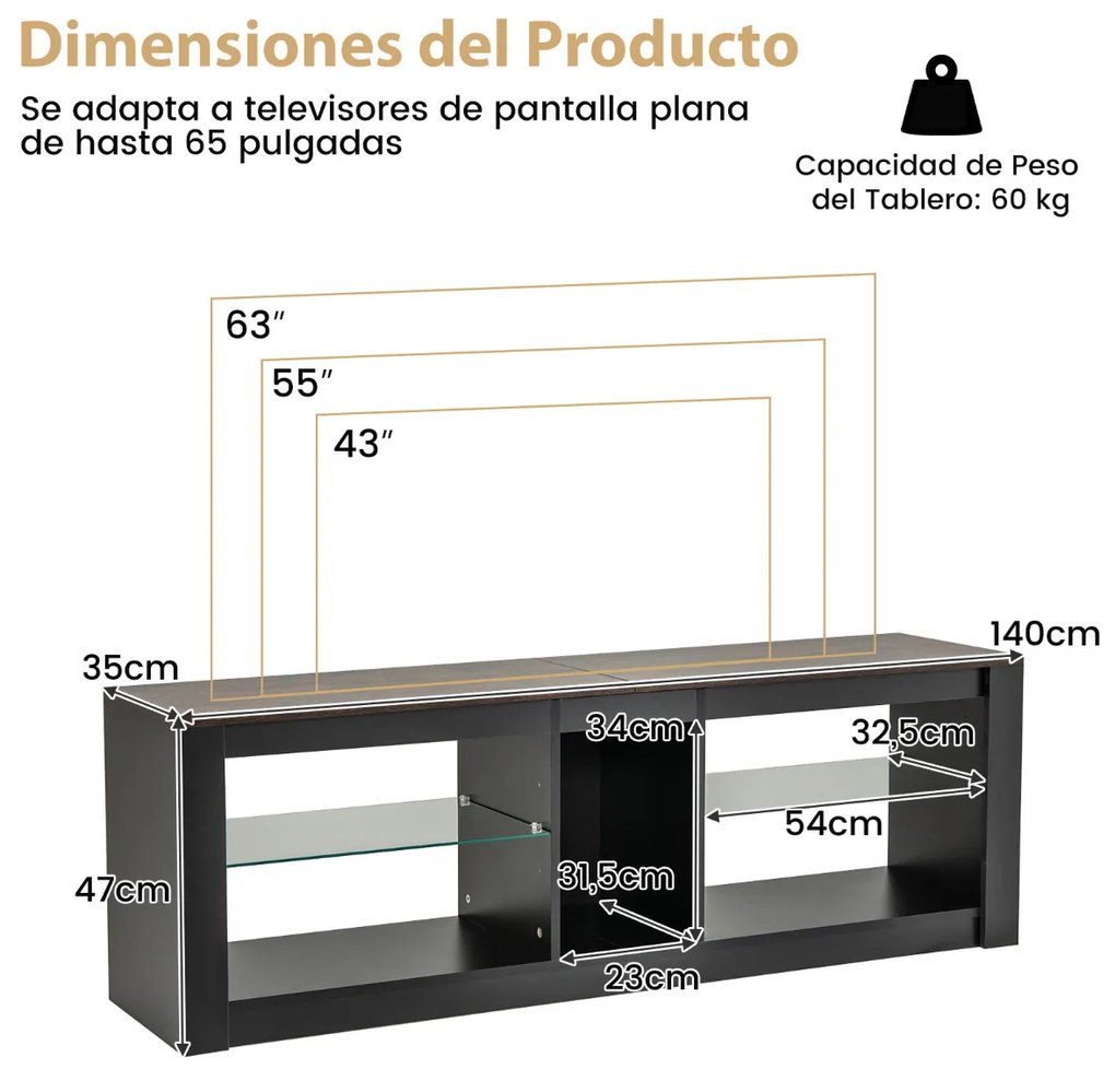 Móvel de TV com luz LED 140 x 35 x 47 cm para TVs até 65'' com Estantes de vidro temperado ajustáveis Castanho e Preto