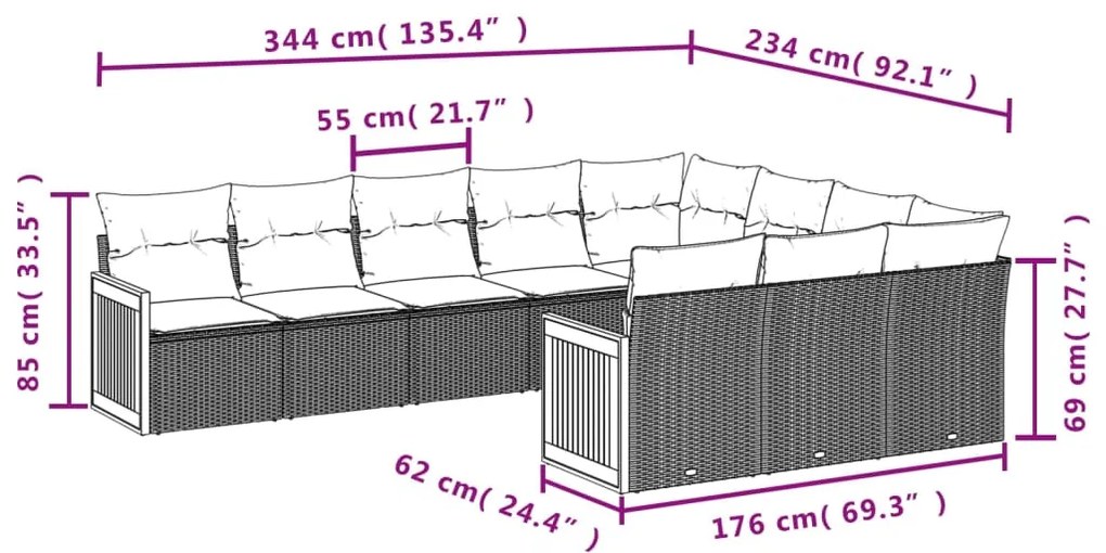 10 pcs conjunto sofás de jardim c/ almofadões vime PE cinzento